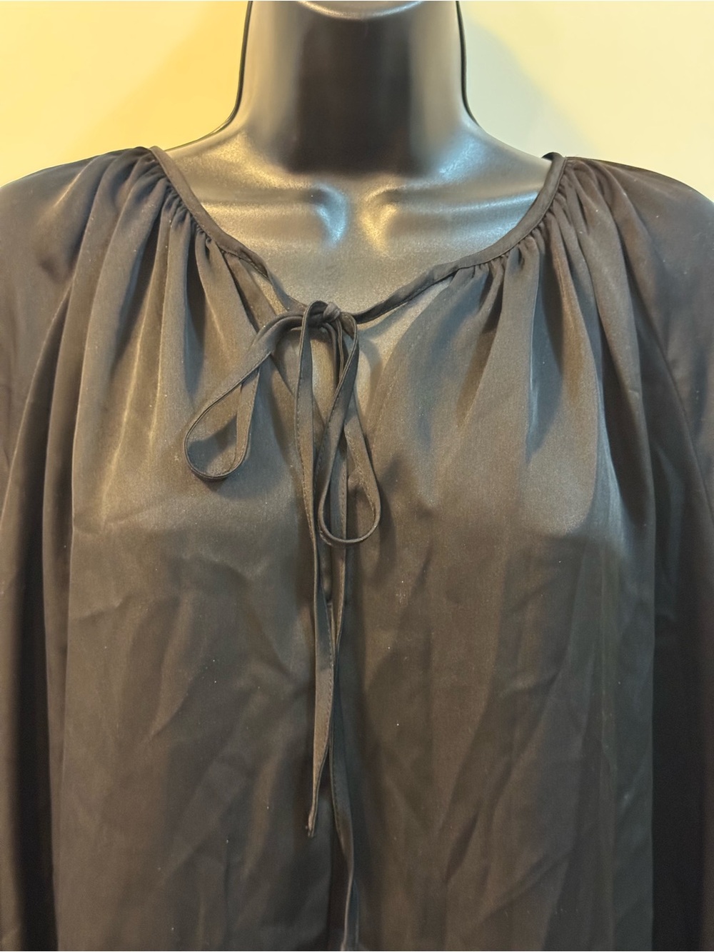Black Satin-like Peasant Mini Dress Tie Puff Sleeve L-XL Day-Night Versatile - Picture 3 of 7